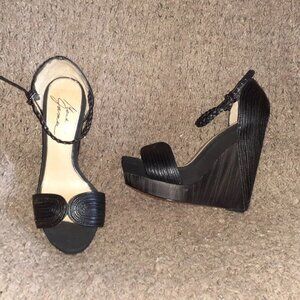 MARK & JAMES-BADGLEY MISCHKA-Roana-Black Leather Wooden Wedge Platform-Sz 5.5-NM